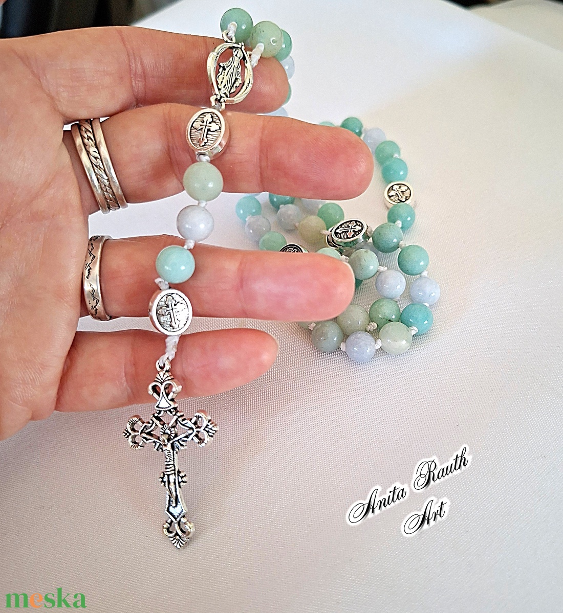 Rózsafüzér kék amazonit és aquamarin gyöngyökkel - otthon & életmód - vallás - lánc & füzér - Meska.hu