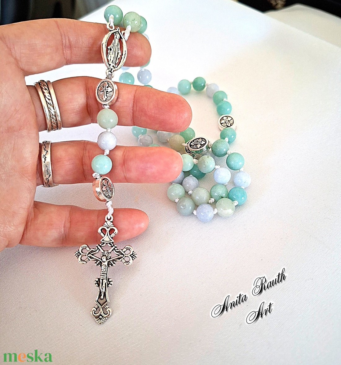 Rózsafüzér kék amazonit és aquamarin gyöngyökkel - otthon & életmód - vallás - lánc & füzér - Meska.hu