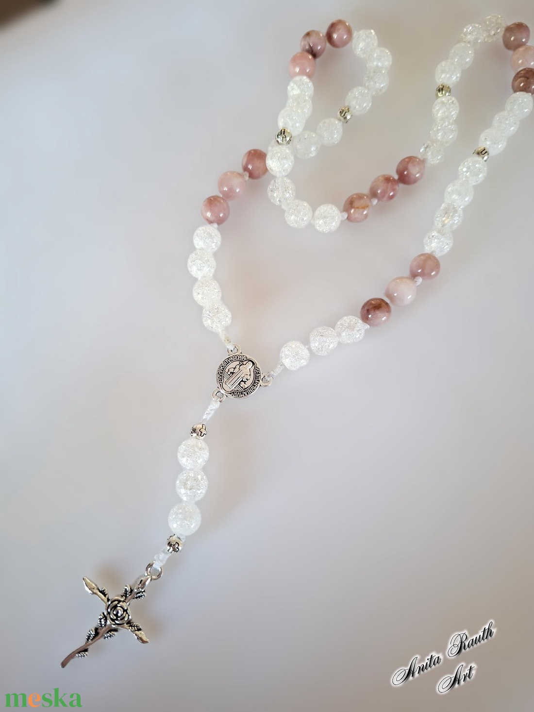Rózsafüzér hegyikristály és pink opál gyöngyökkel - otthon & életmód - vallás - lánc & füzér - Meska.hu