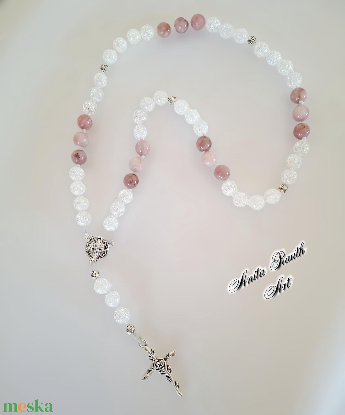 Rózsafüzér hegyikristály és pink opál gyöngyökkel - otthon & életmód - vallás - lánc & füzér - Meska.hu