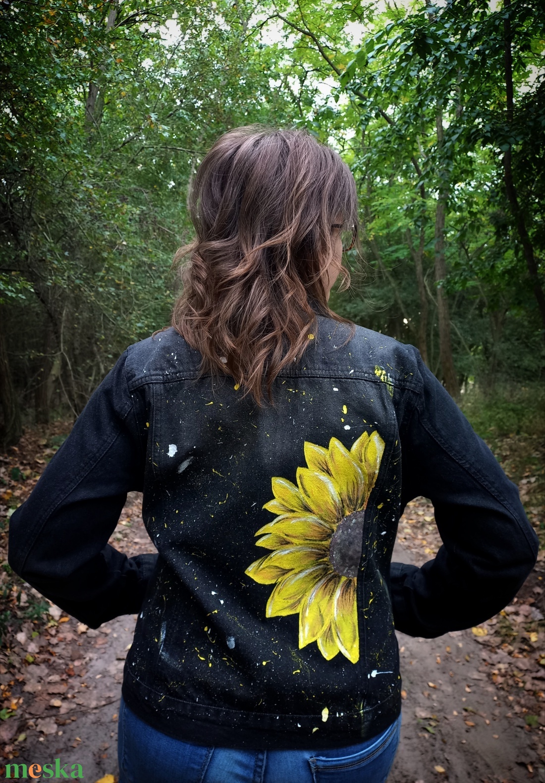 Napraforgós festett farmerkabát - ruha & divat - női ruha - kabát - Meska.hu