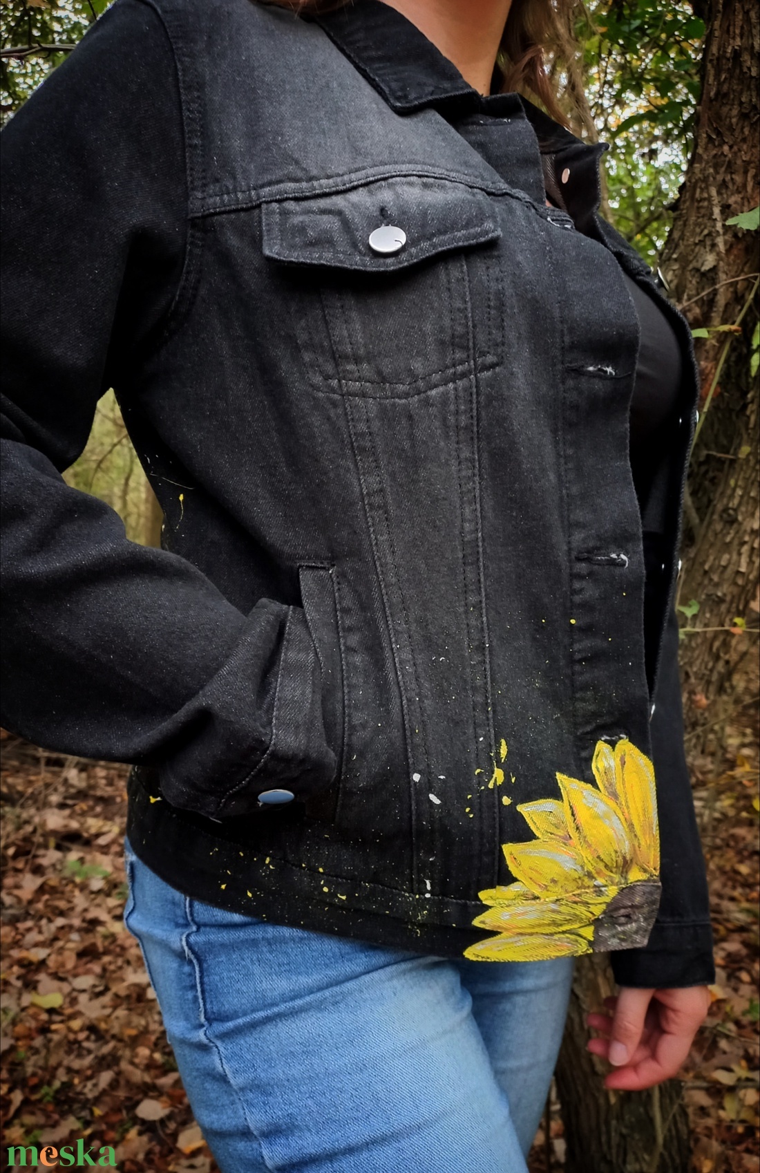Napraforgós festett farmerkabát - ruha & divat - női ruha - kabát - Meska.hu