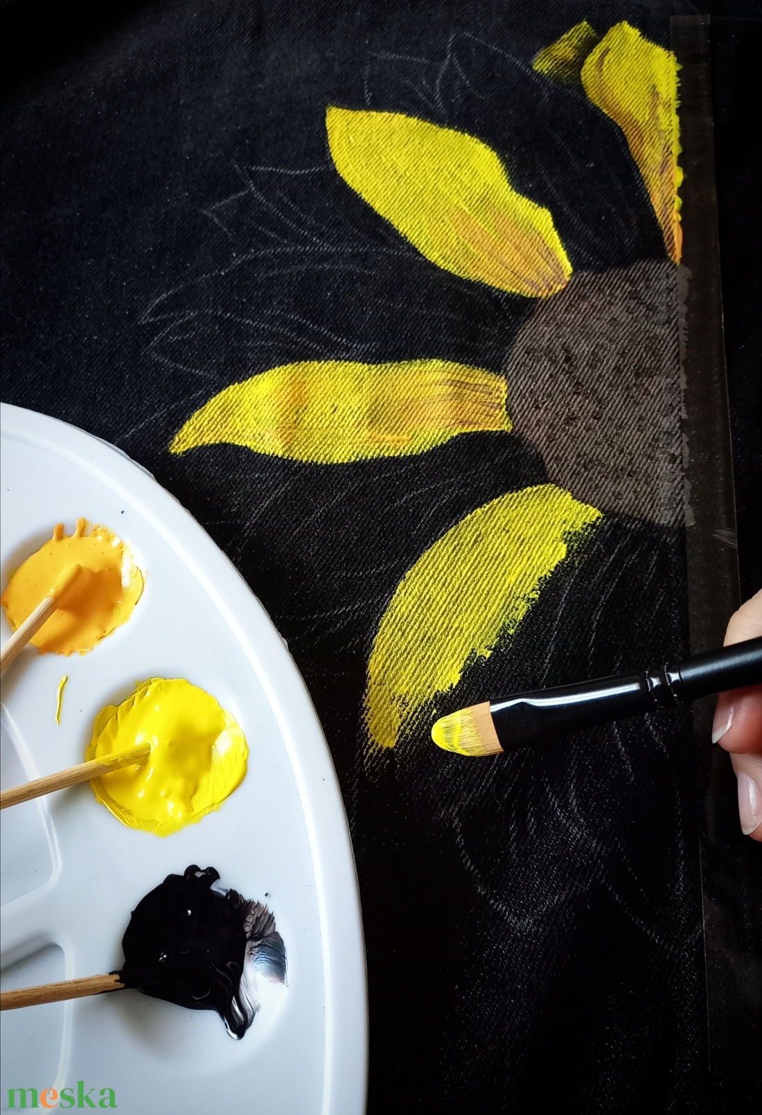 Napraforgós festett farmerkabát - ruha & divat - női ruha - kabát - Meska.hu