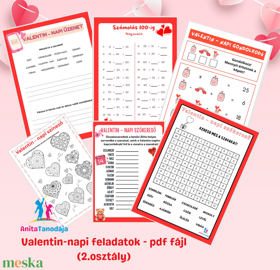 Valentin-napi feladatok (2.osztály) + AJÁNDÉK BINGÓ - játék & sport - készségfejlesztő és logikai játék - oktató játékok - Meska.hu