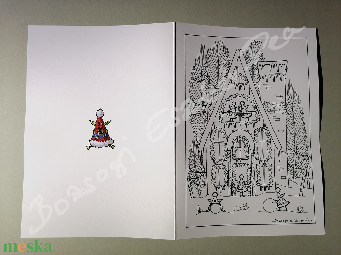 Mézeskalácsház - Színezhető karácsonyi képeslap - művészet - grafika & illusztráció - Meska.hu