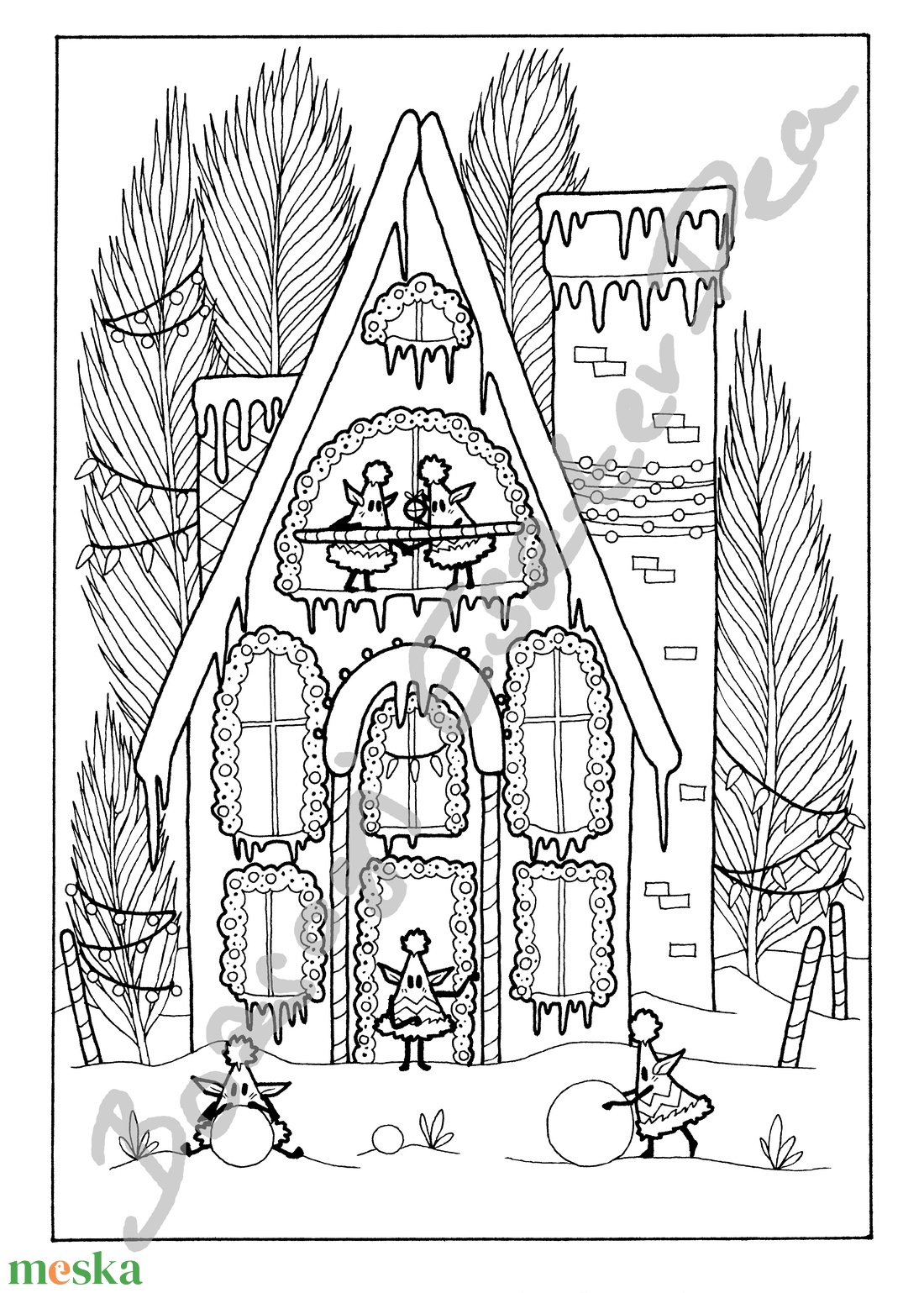 Mézeskalácsház - Színezhető karácsonyi képeslap - művészet - grafika & illusztráció - Meska.hu
