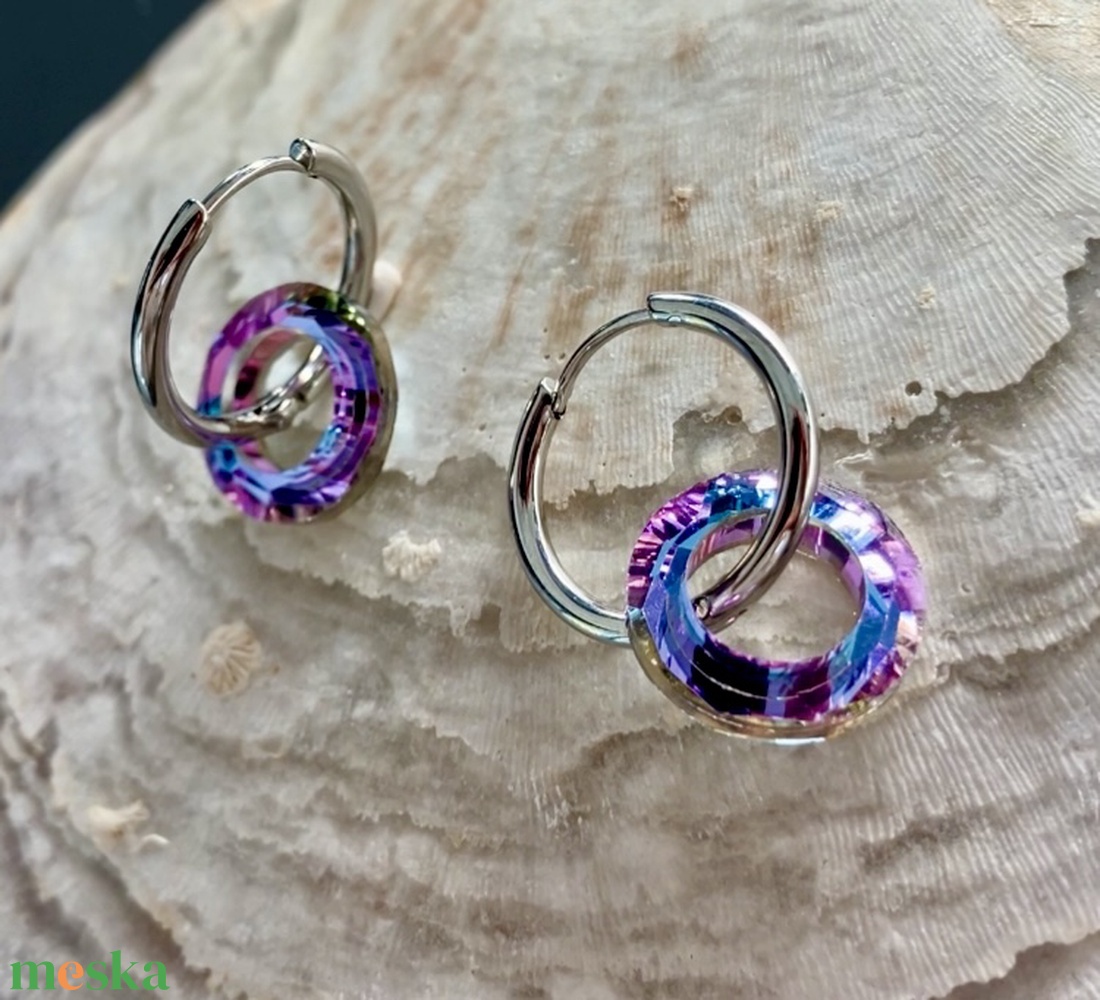 Lila Üveg kristály hollow karika függős acél fülbevaló  - ékszer - fülbevaló - lógós kerek fülbevaló - Meska.hu Lila Üveg kristály hollow karika függős acél fülbevaló  - ékszer - fülbevaló - lógós kerek fülbevaló - Meska.hu