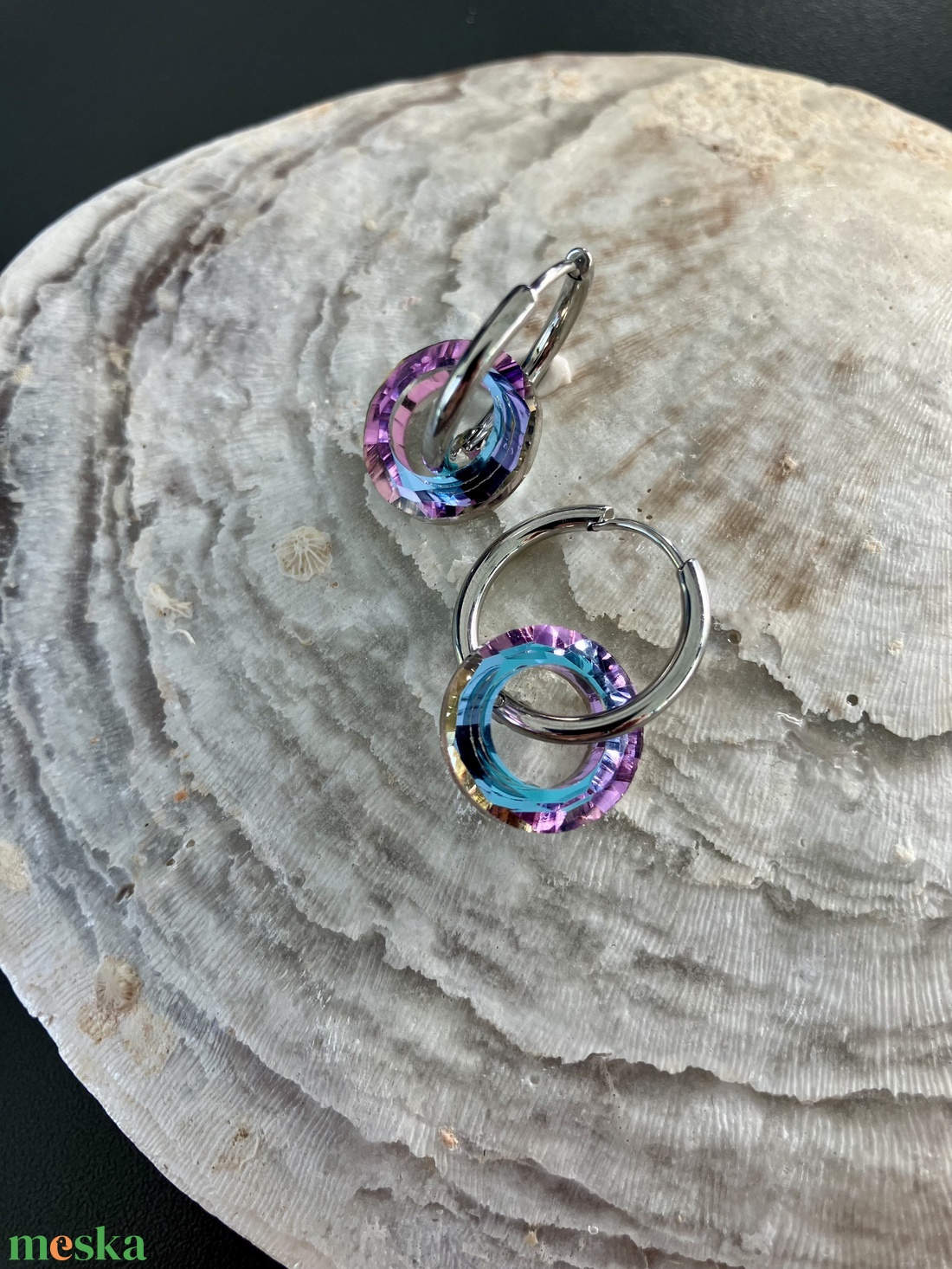 Lila Üveg kristály hollow karika függős acél fülbevaló  - ékszer - fülbevaló - lógós kerek fülbevaló - Meska.hu Lila Üveg kristály hollow karika függős acél fülbevaló  - ékszer - fülbevaló - lógós kerek fülbevaló - Meska.hu