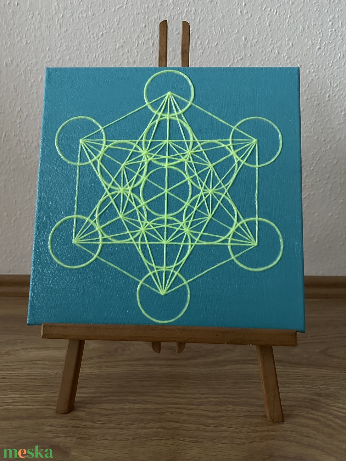 Sötétben világító Metatron kocka türkiz alapon 33x33cm - művészet - festmény - akril - Meska.hu