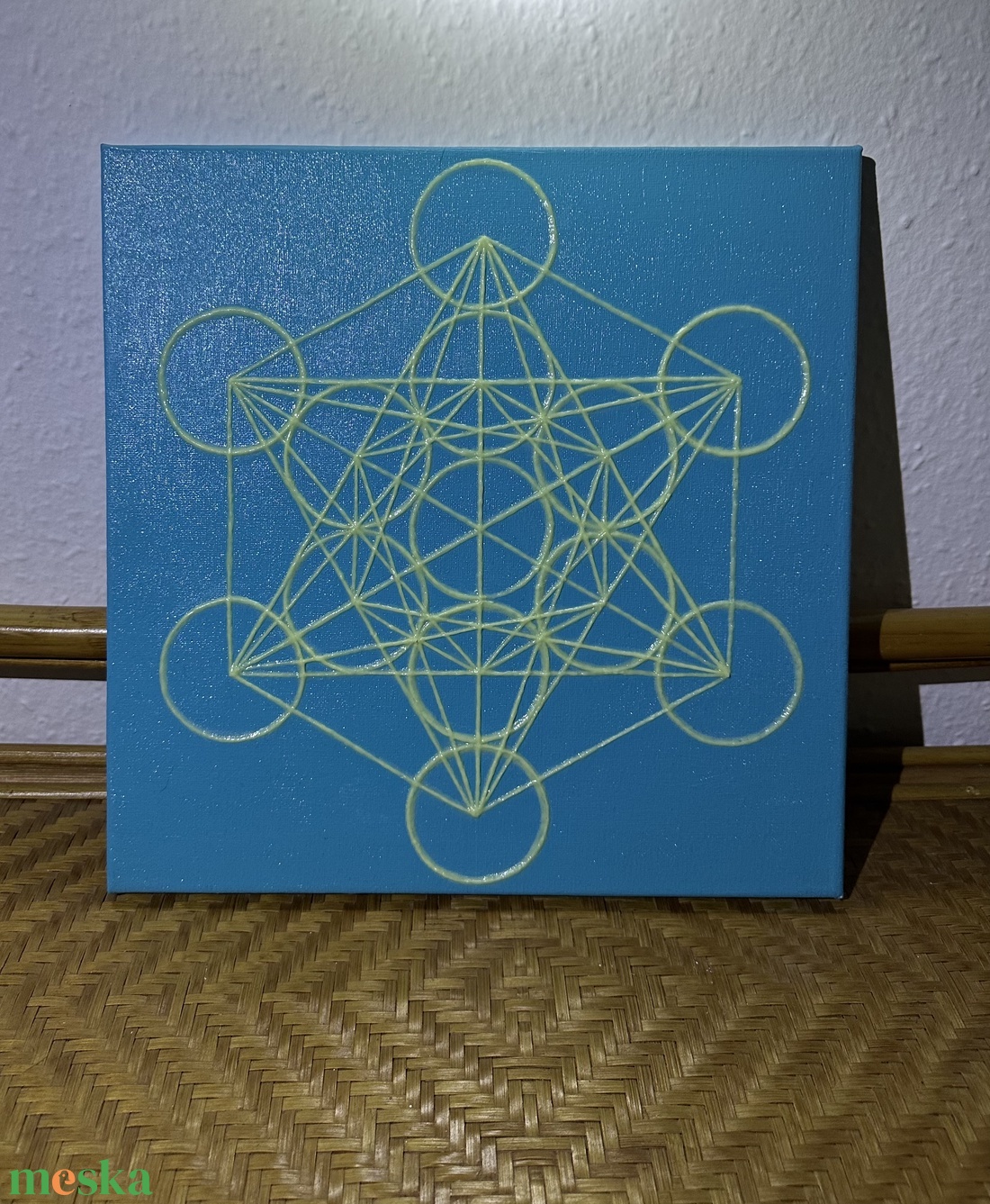 Sötétben világító Metatron kocka türkiz alapon 33x33cm - művészet - festmény - akril - Meska.hu