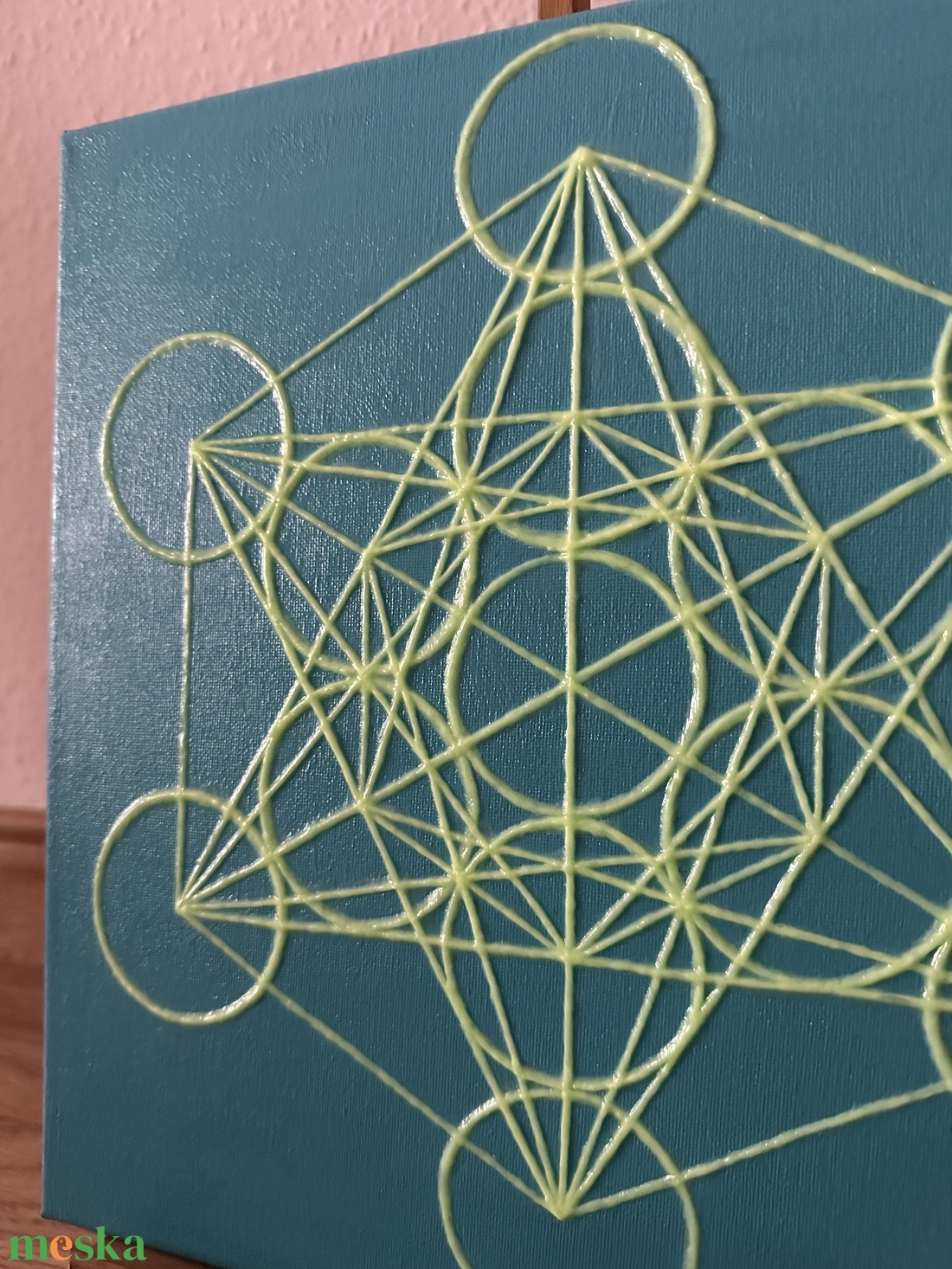 Sötétben világító Metatron kocka türkiz alapon 33x33cm - művészet - festmény - akril - Meska.hu