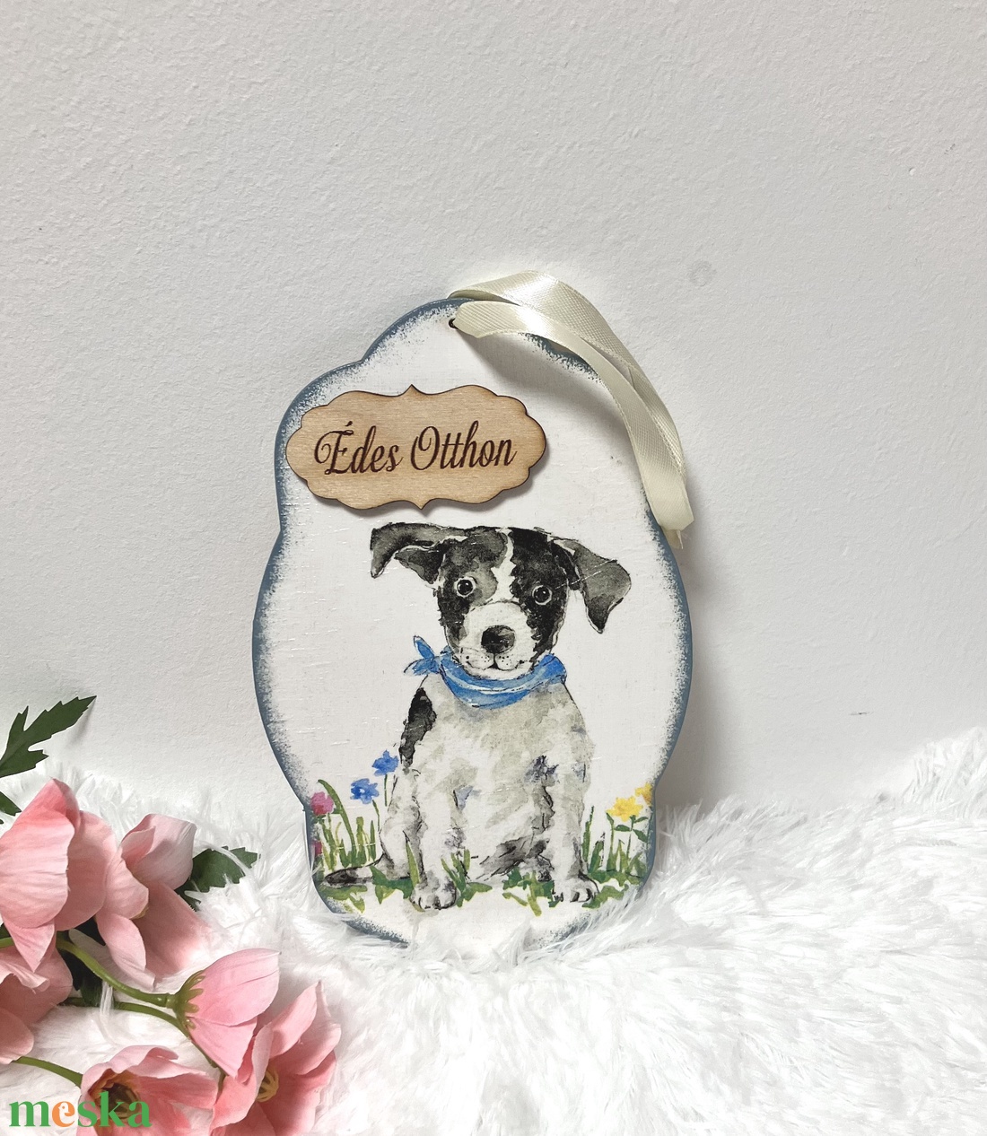 Kutyás tavaszi ajtókopogtató-kézzel készült dekor - otthon & életmód - dekoráció - ajtó- és ablak dekoráció - ajtódísz & kopogtató - Meska.hu