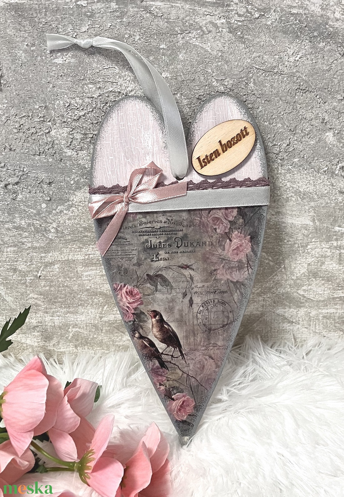 Romantikus rózsás ajtókopogtató - madaras falidísz tavaszra  - otthon & életmód - dekoráció - ajtó- és ablak dekoráció - ajtótábla - Meska.hu