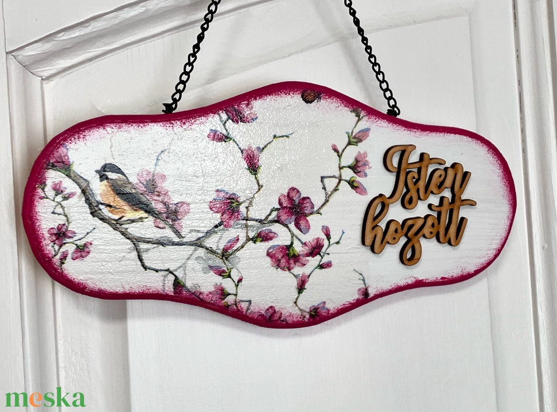 Rózsaszín virágos ajtókopogtató/ tavaszi ajtódísz Isten hozott felirattal  - otthon & életmód - dekoráció - ajtó- és ablak dekoráció - ajtódísz & kopogtató - Meska.hu