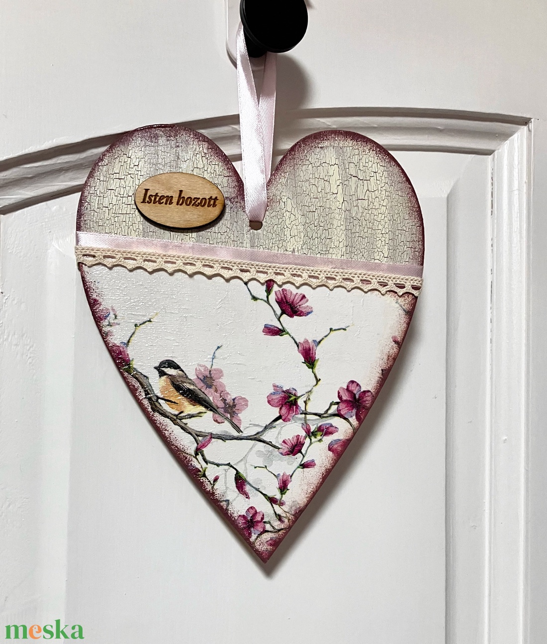 Dekupázsolt ajtódísz - madaras, virágos ajtókopogtató  - otthon & életmód - dekoráció - ajtó- és ablak dekoráció - ajtódísz & kopogtató - Meska.hu