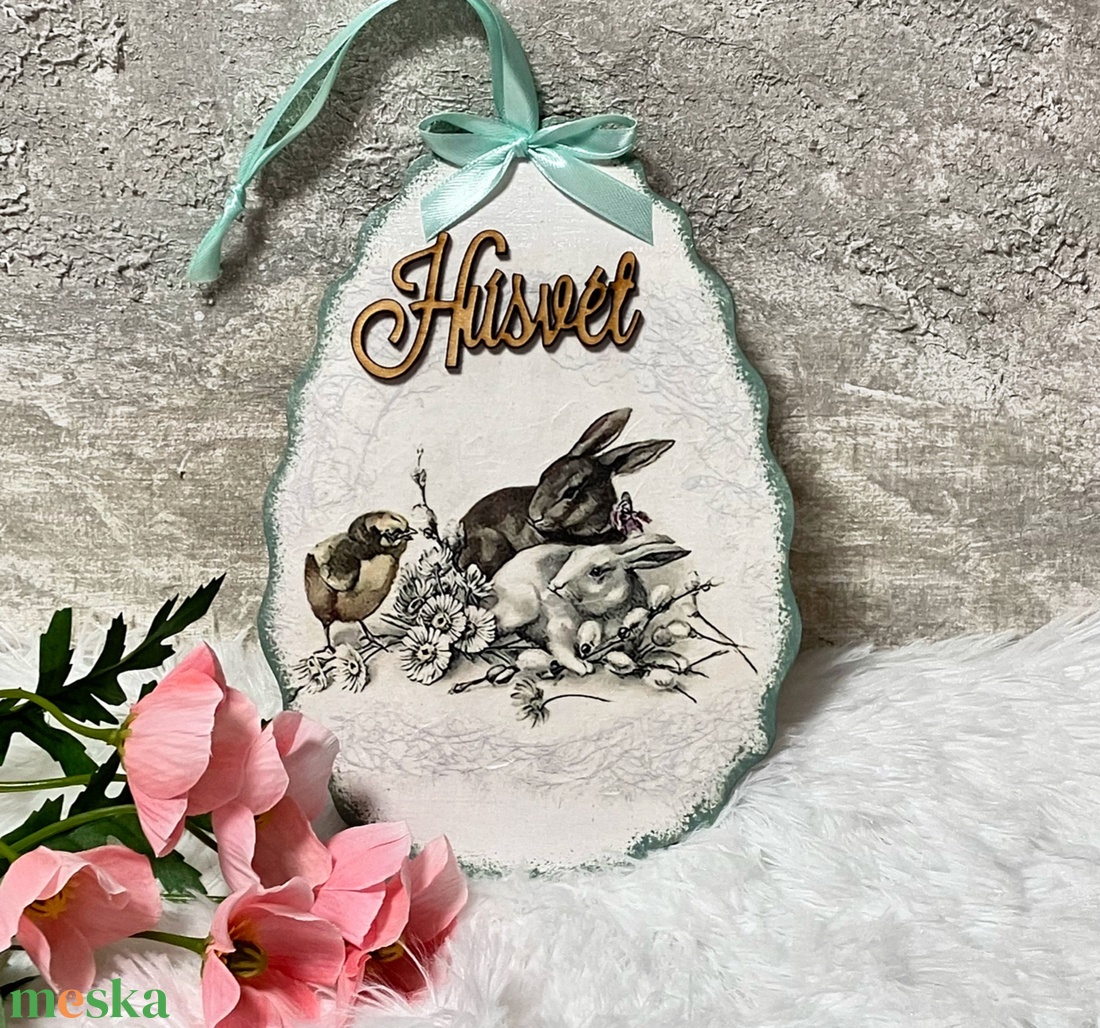 Nyuszis-virágos ajtókopogtató - tavaszi ajtódísz - ünnepi díszek, dekorációk - húsvéti díszek és dekorációk - húsvéti ajtódísz, kopogtató - Meska.hu