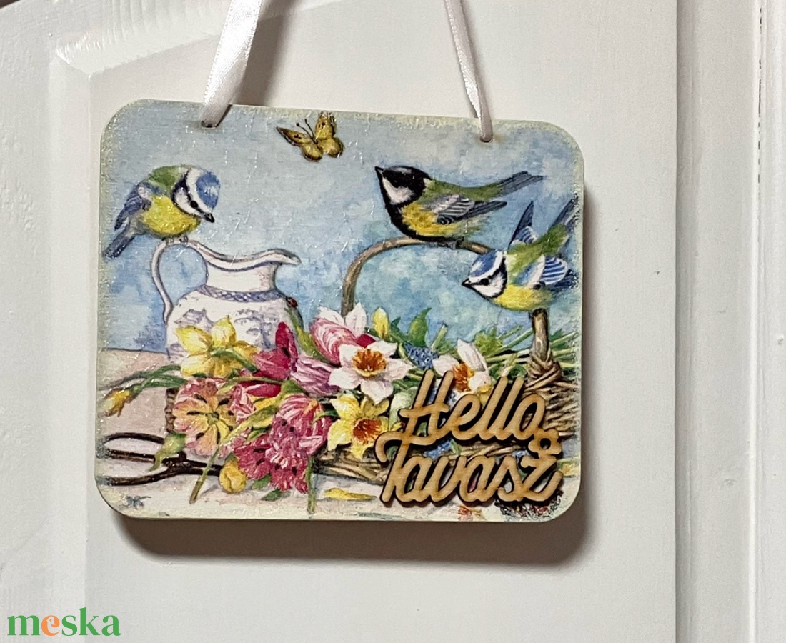 Tavaszi ajtókopogtató virágos, madaras mintával - húsvéti dekoráció - otthon & életmód - dekoráció - ajtó- és ablak dekoráció - ajtódísz & kopogtató - Meska.hu