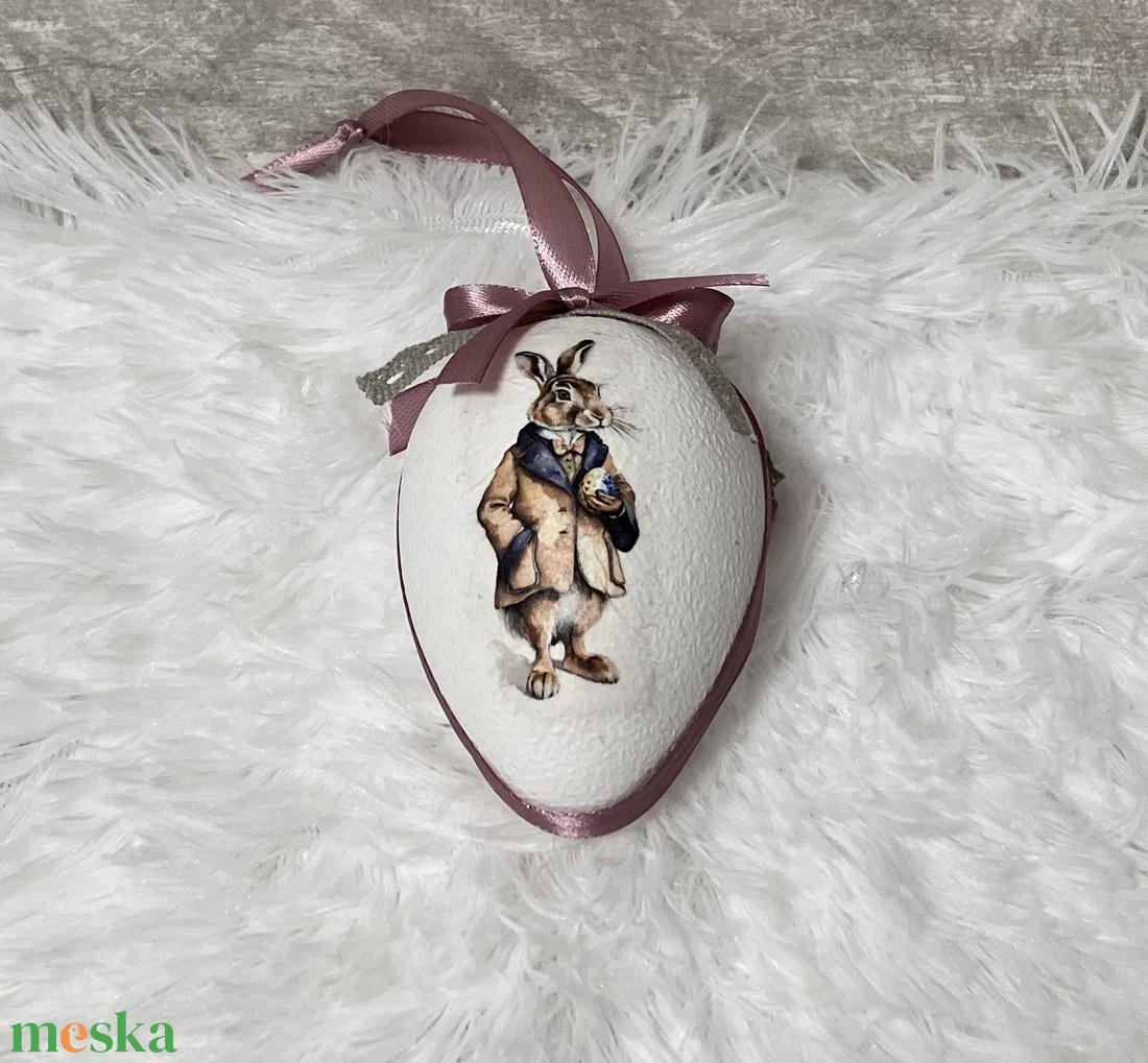 Húsvéti tojás nyuszis - rózsaszín szalaggal - ünnepi díszek, dekorációk - húsvéti díszek és dekorációk - húsvéti tojás, hímestojás - Meska.hu