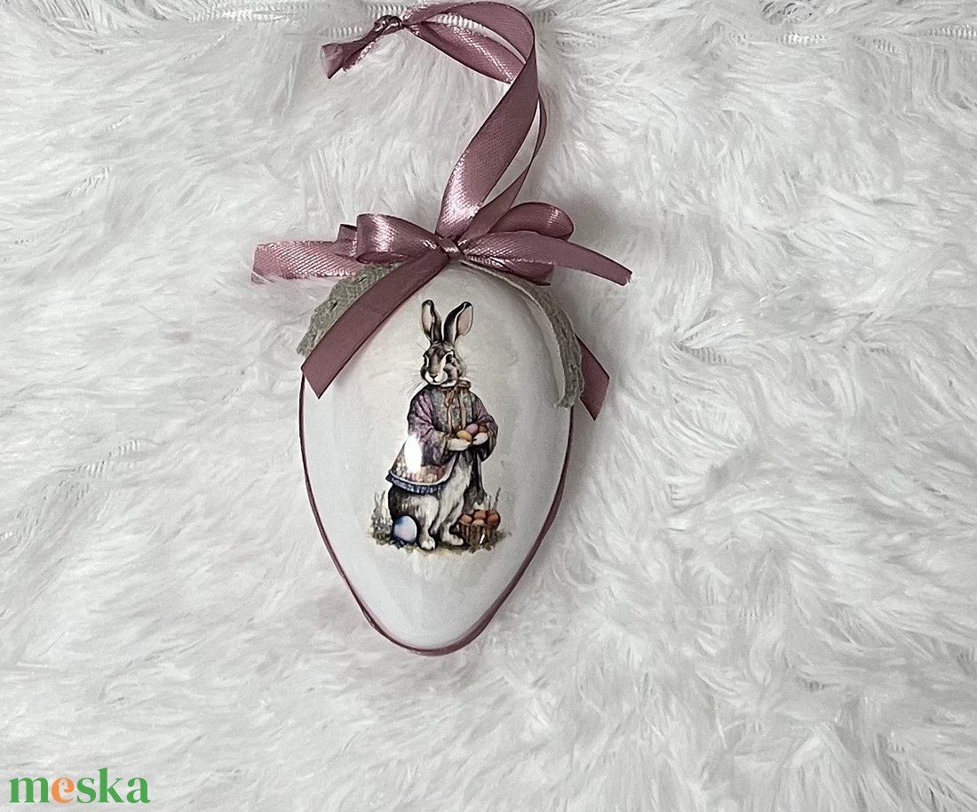 Húsvéti tojás nyuszis - rózsaszín szalaggal - ünnepi díszek, dekorációk - húsvéti díszek és dekorációk - húsvéti tojás, hímestojás - Meska.hu