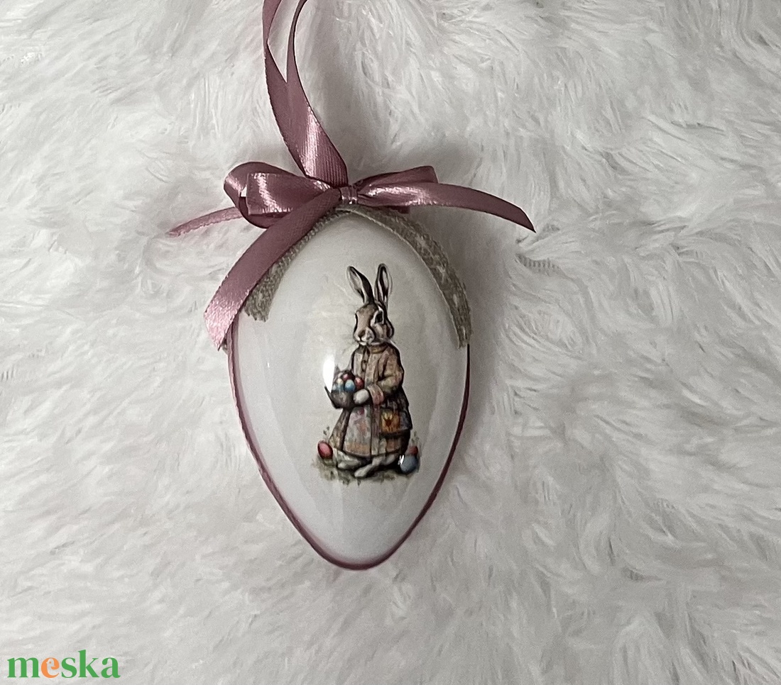 Húsvéti tojás nyuszis - rózsaszín szalaggal - ünnepi díszek, dekorációk - húsvéti díszek és dekorációk - húsvéti tojás, hímestojás - Meska.hu