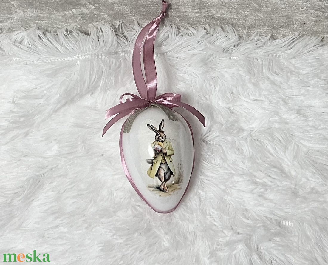 Húsvéti tojás nyuszis - rózsaszín szalaggal - ünnepi díszek, dekorációk - húsvéti díszek és dekorációk - húsvéti tojás, hímestojás - Meska.hu
