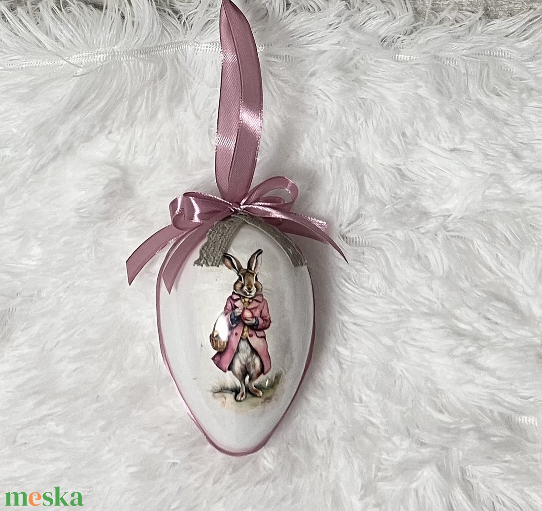 Húsvéti tojás nyuszis - rózsaszín szalaggal - ünnepi díszek, dekorációk - húsvéti díszek és dekorációk - húsvéti tojás, hímestojás - Meska.hu