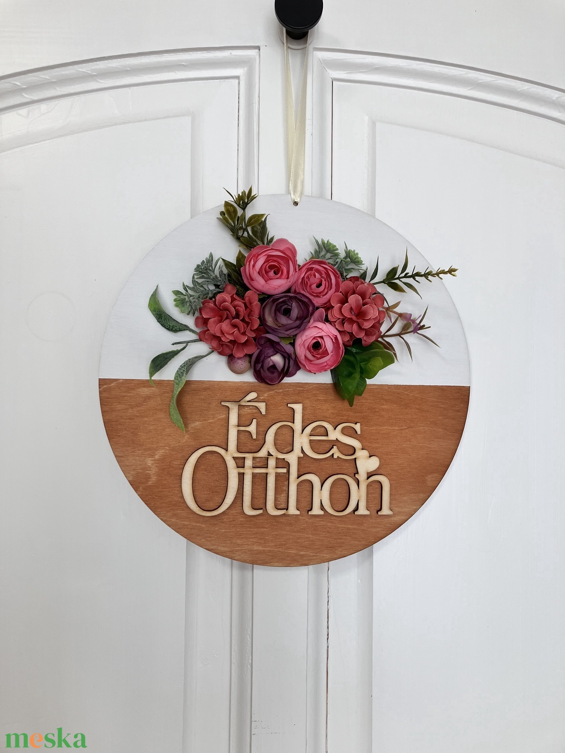 Virágos ajtókopogtató Édes Otthon felirattal - ajtódísz - otthon & életmód - dekoráció - ajtó- és ablak dekoráció - ajtódísz & kopogtató - Meska.hu