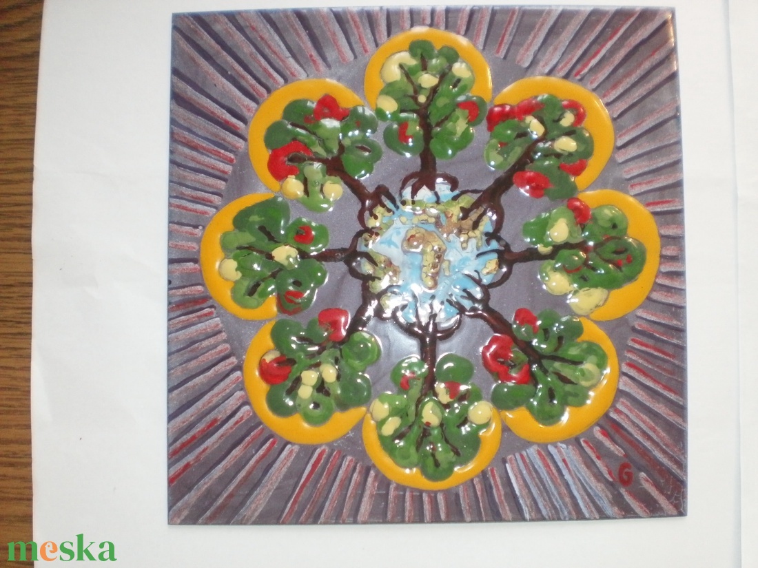 Tűzzománckép. Cím: Mandala fák, méret: 20 cmX 20 cm. (nagy méret) - művészet - festmény - tűzzománc - Meska.hu