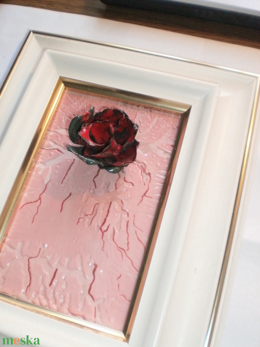 Tűzzománckép. Cím: Rézrózsa. méret: 18 cm, X 11 cm. A síkra rögzített zománcozott rézrózsa. - művészet - festmény - tűzzománc - Meska.hu