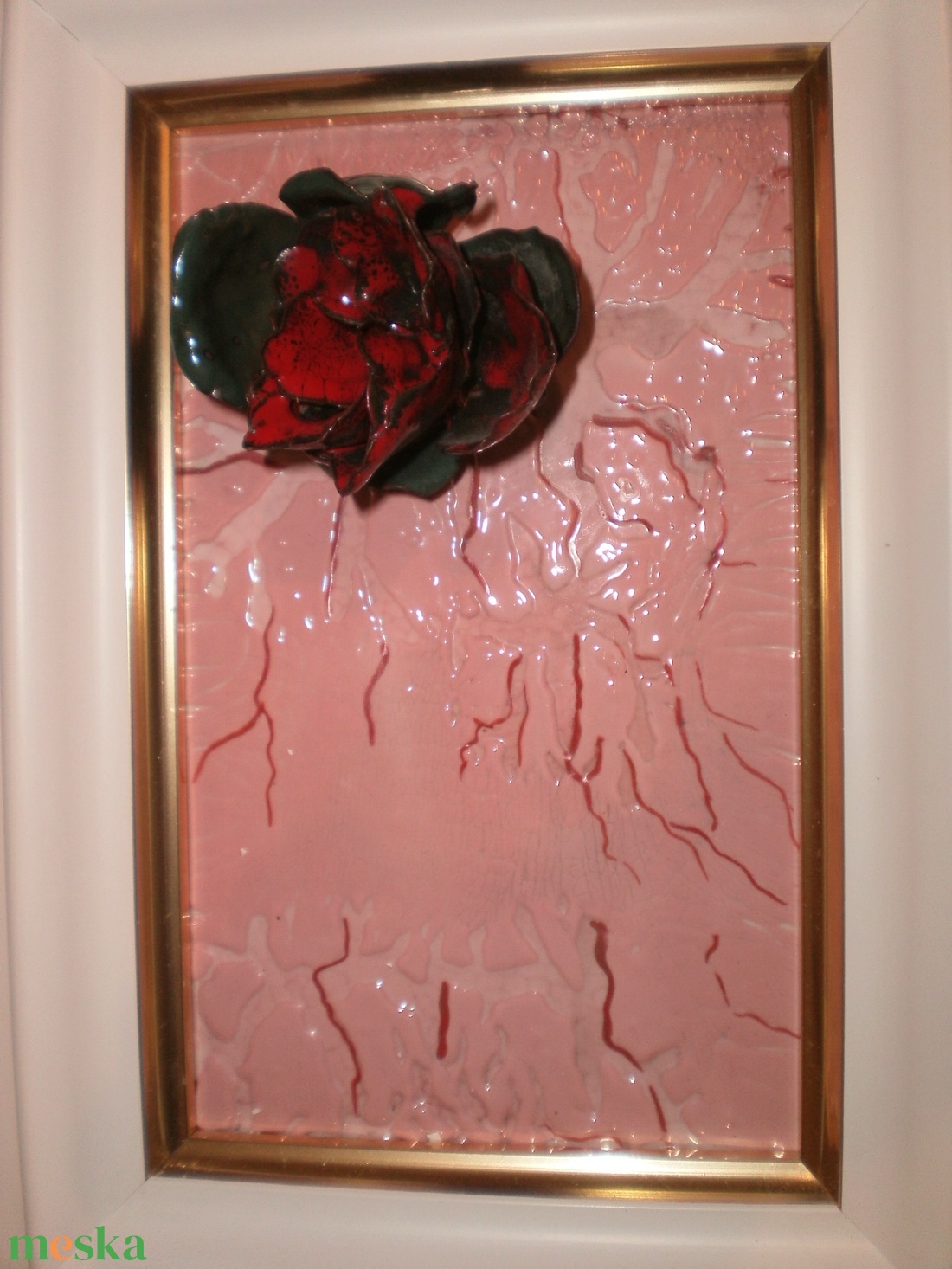 Tűzzománckép. Cím: Rézrózsa. méret: 18 cm, X 11 cm. A síkra rögzített zománcozott rézrózsa. - művészet - festmény - tűzzománc - Meska.hu