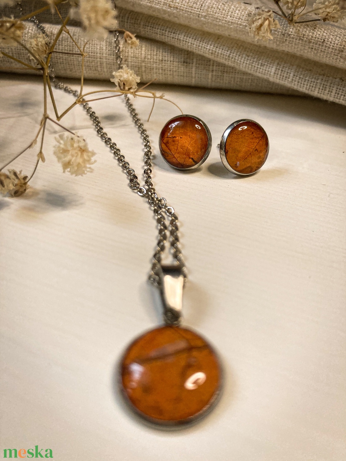 Medálos nyaklánc fülbevalóval - Őszi leveles ékszerszett - ékszer - ékszerszett - Meska.hu