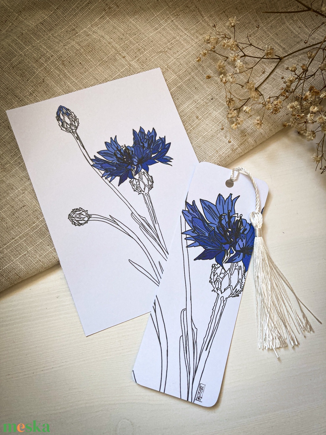 Zsinórkarkötő, fülbevaló, könyvjelző - Búzavirágos szett - ékszer - ékszerszett - Meska.hu