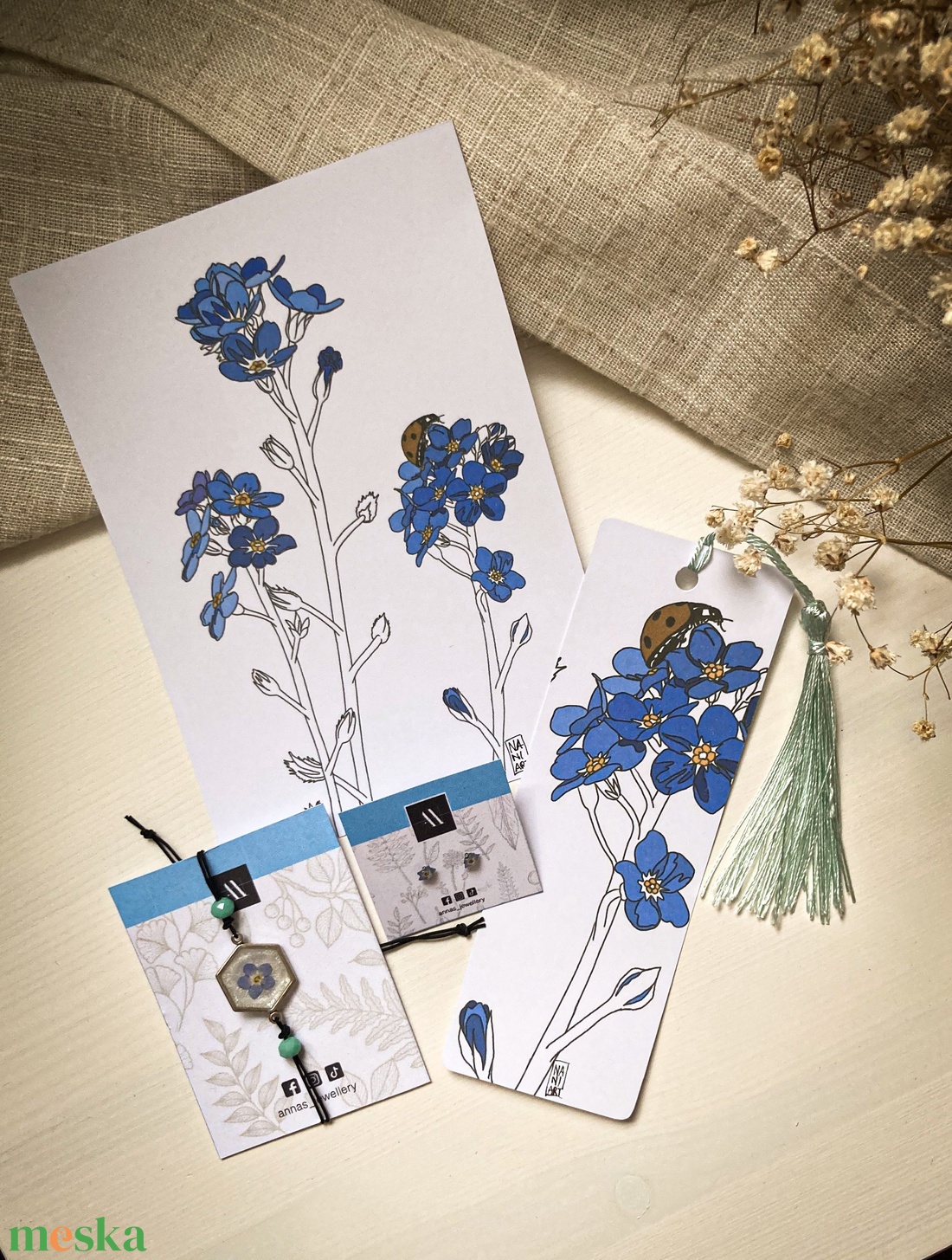 Kéknefelejcses szett - Zsinórkarkötő, könyvjelző, fülbevaló - ékszer - ékszerszett - Meska.hu