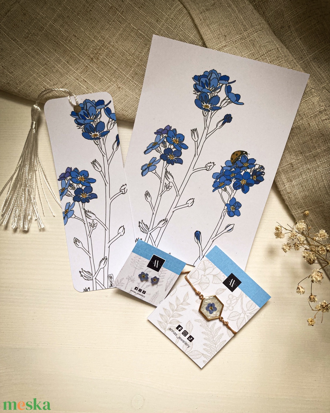 Kéknefelejcses szett - Zsinórkarkötő, könyvjelző, fülbevaló - ékszer - ékszerszett - Meska.hu