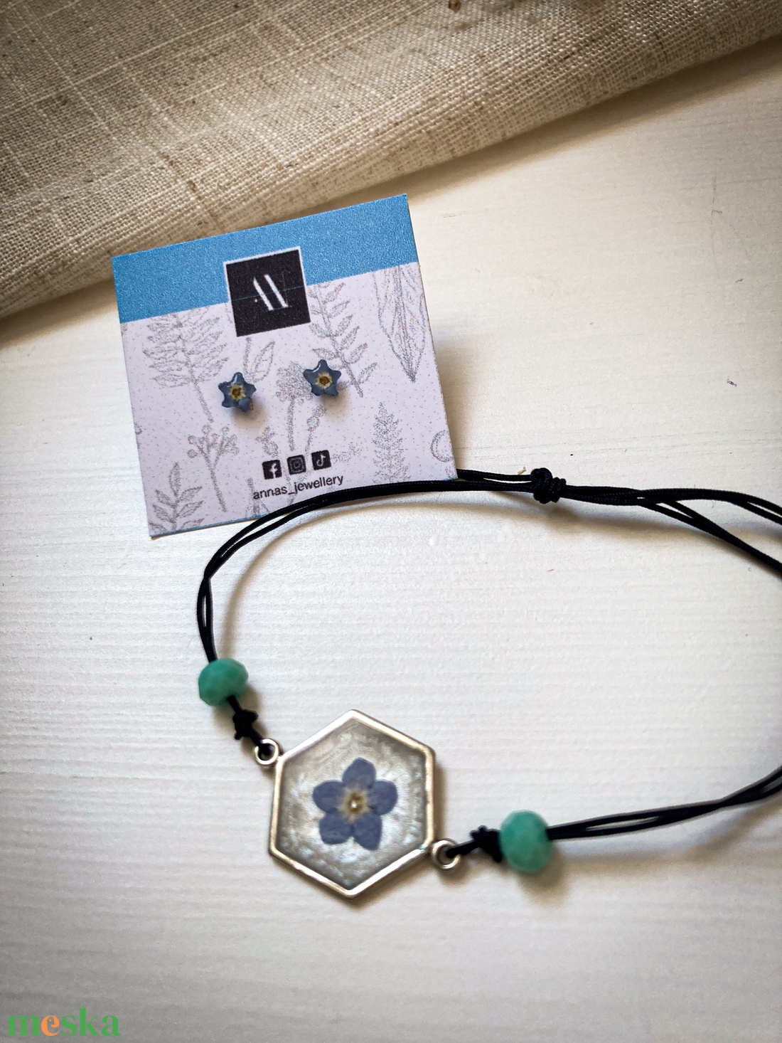 Kéknefelejcses szett - Zsinórkarkötő, könyvjelző, fülbevaló - ékszer - ékszerszett - Meska.hu