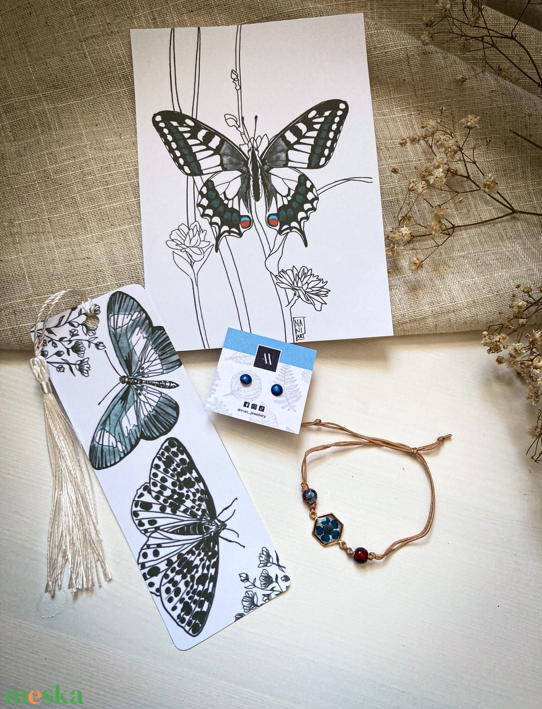 Pillangós szett - Zsinórkarkötő, fülbevaló, könyvjelző - ékszer - ékszerszett - Meska.hu