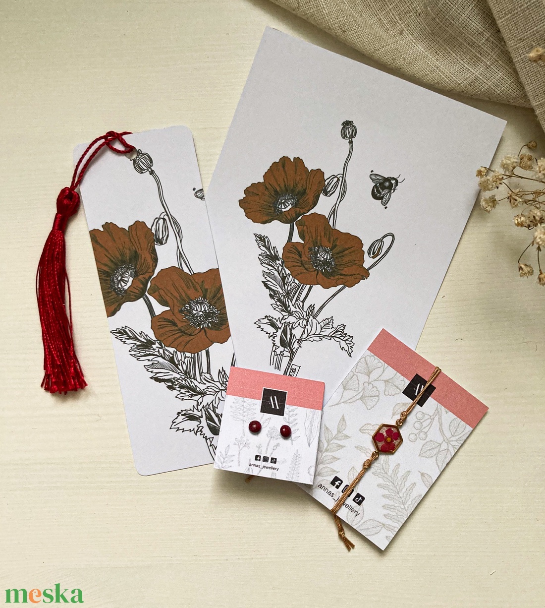 Pipacsos szett - Zsinórkarkötő, fülbevaló, könyvjelző - ékszer - ékszerszett - Meska.hu