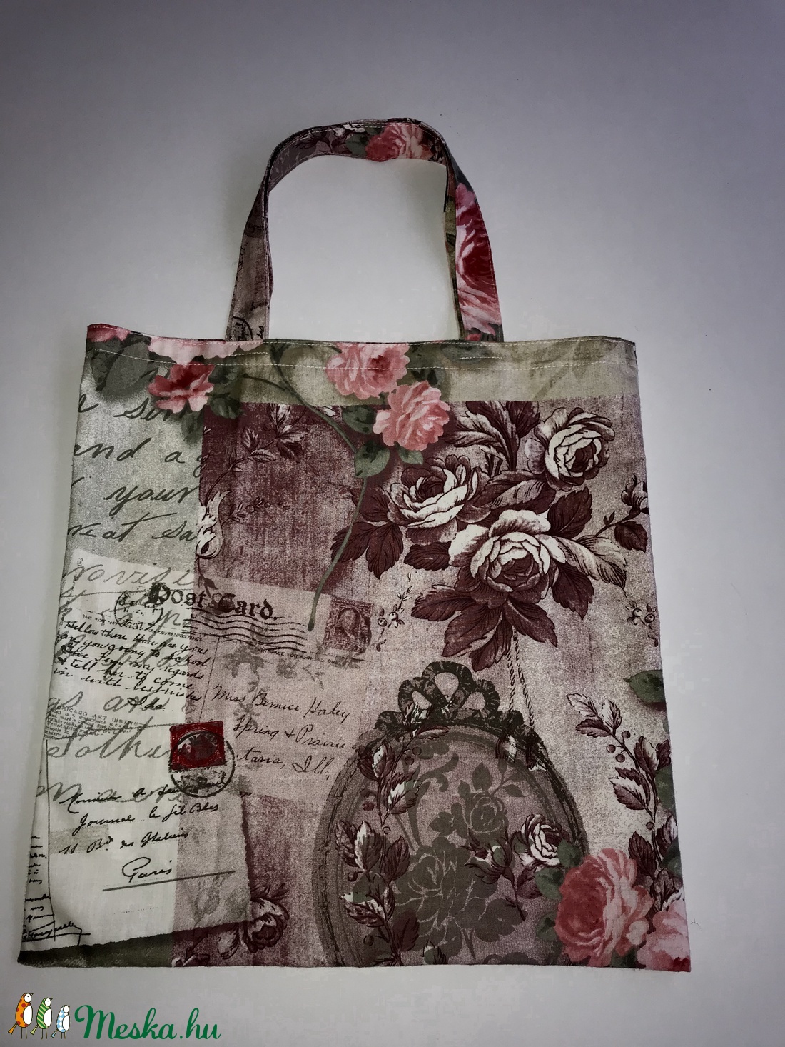 Virágos ,feliratos anyagból készült bevásárlószatyor - táska & tok - bevásárlás & shopper táska - shopper, textiltáska, szatyor - Meska.hu