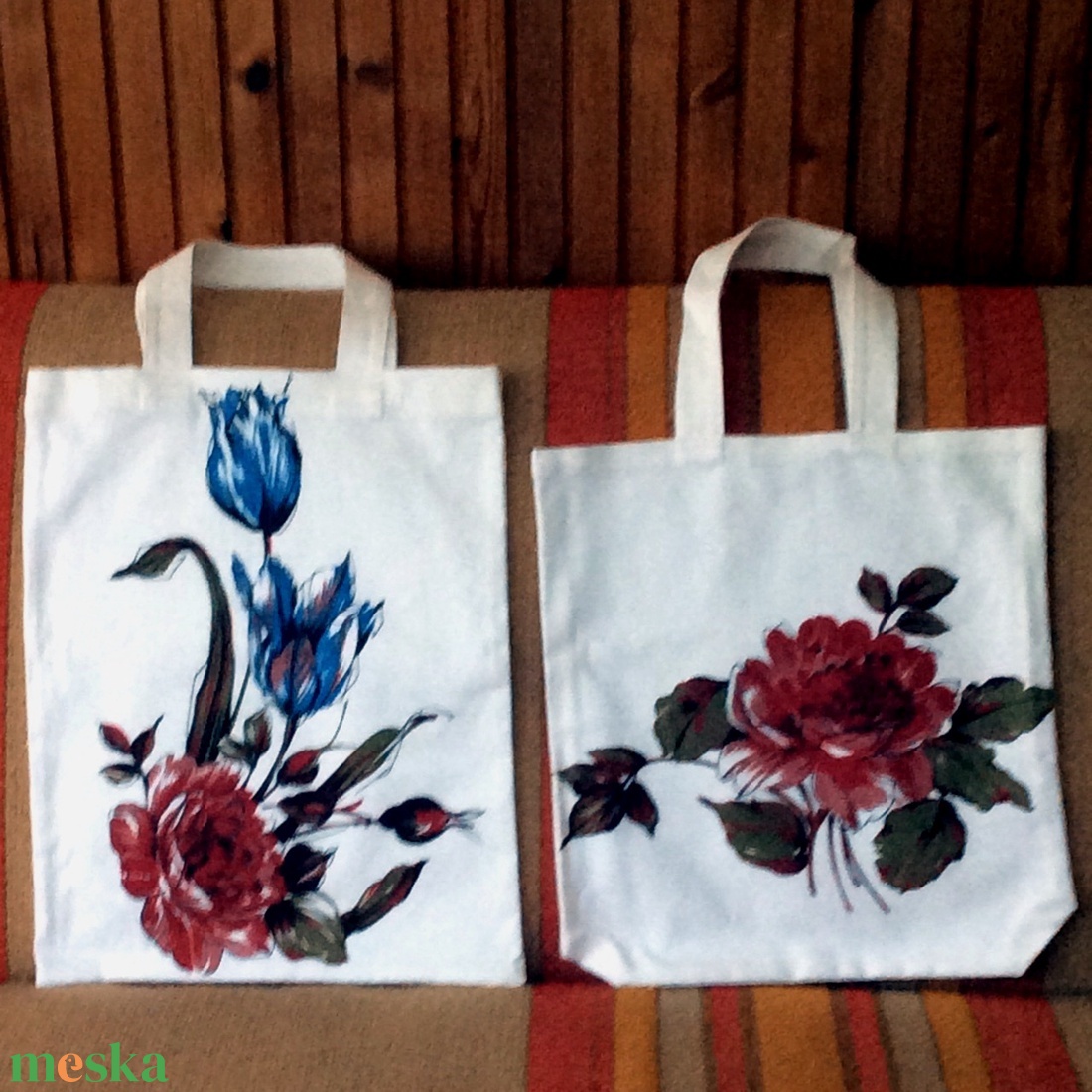Fehér vászonszatyor festett mintával - táska & tok - bevásárlás & shopper táska - shopper, textiltáska, szatyor - Meska.hu