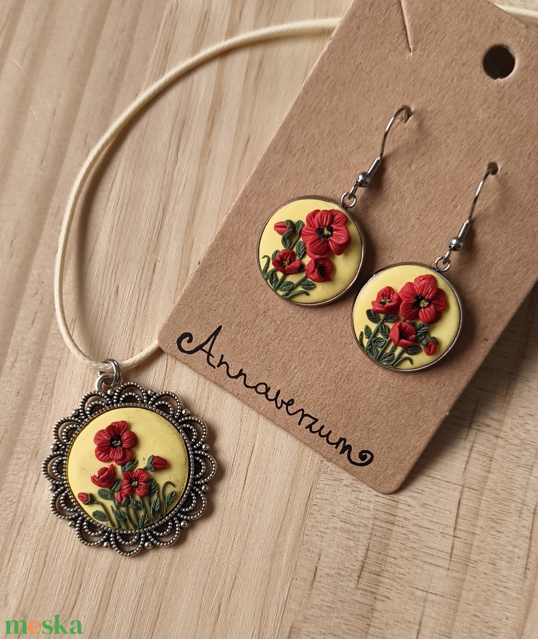 Pipacsos, virágos ékszer szett  - ékszer - nyaklánc - medálos nyaklánc - Meska.hu