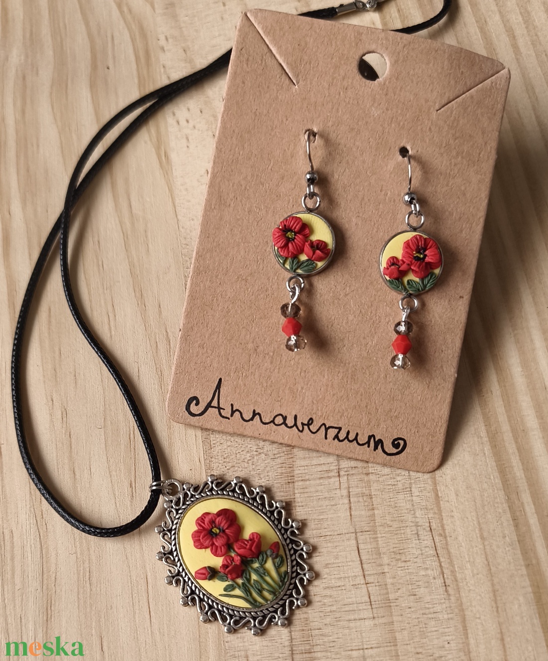 Pipacsos, virágos ékszer szett  - ékszer - nyaklánc - medálos nyaklánc - Meska.hu