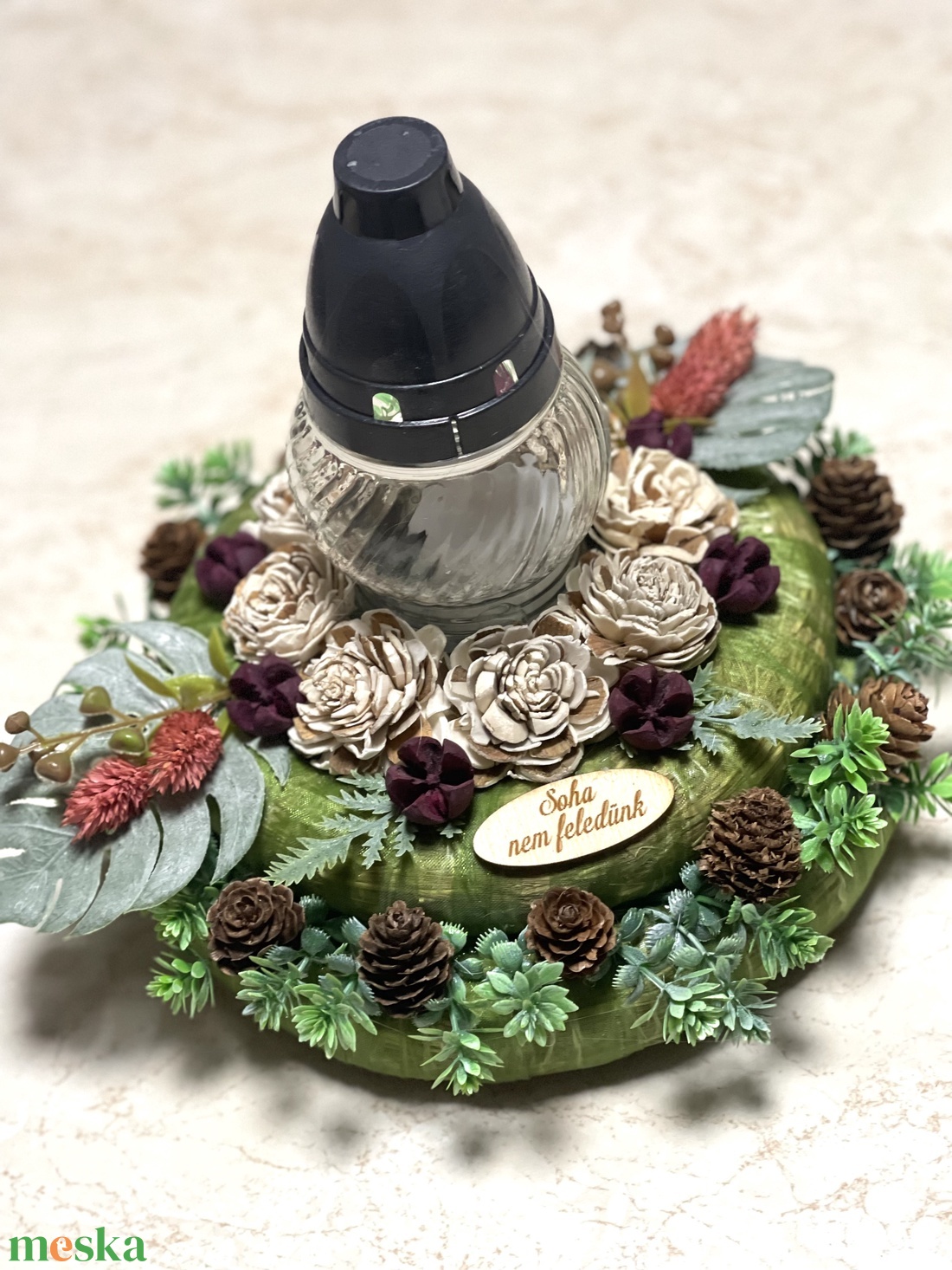 Sírdísz mécsessel dupla koszorú alapon - otthon & életmód - vallás - temetkezési tárgy - temetői gyertyák, mécsesek - Meska.hu