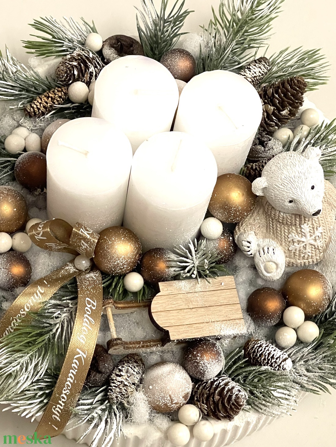Adventi asztaldísz macival, szánkóval - karácsony - adventi díszek - adventi asztaldísz - Meska.hu