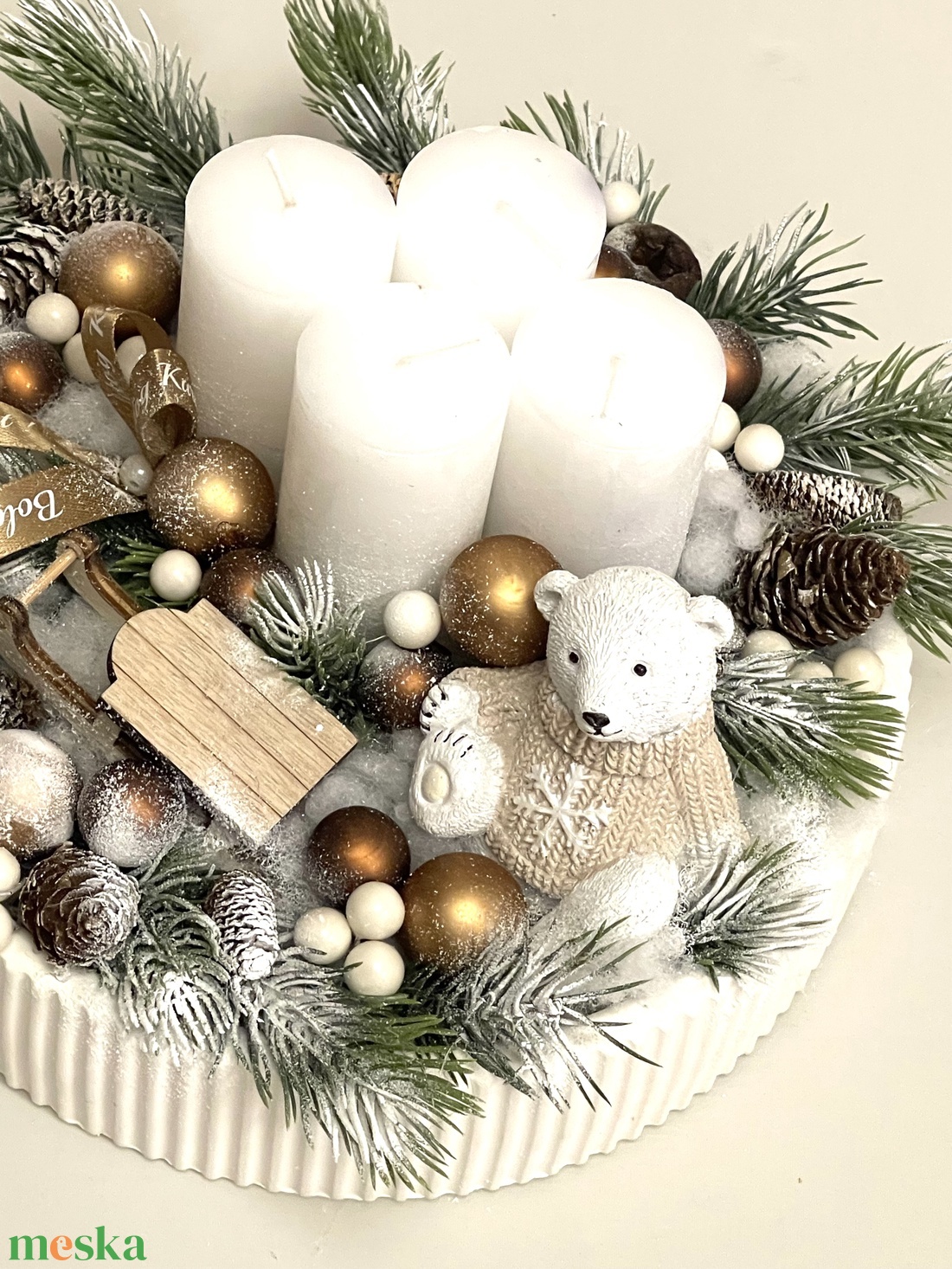 Adventi asztaldísz macival, szánkóval - karácsony - adventi díszek - adventi asztaldísz - Meska.hu