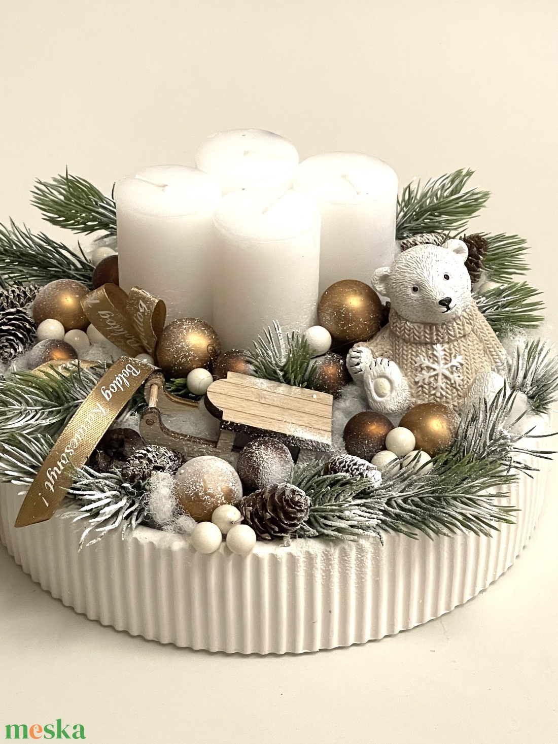 Adventi asztaldísz macival, szánkóval - karácsony - adventi díszek - adventi asztaldísz - Meska.hu