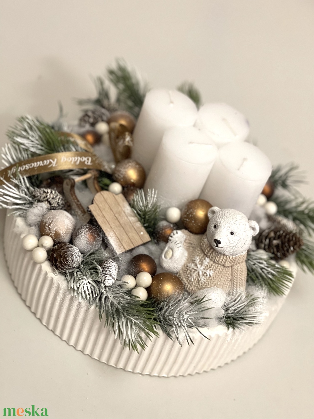 Adventi asztaldísz macival, szánkóval - karácsony - adventi díszek - adventi asztaldísz - Meska.hu