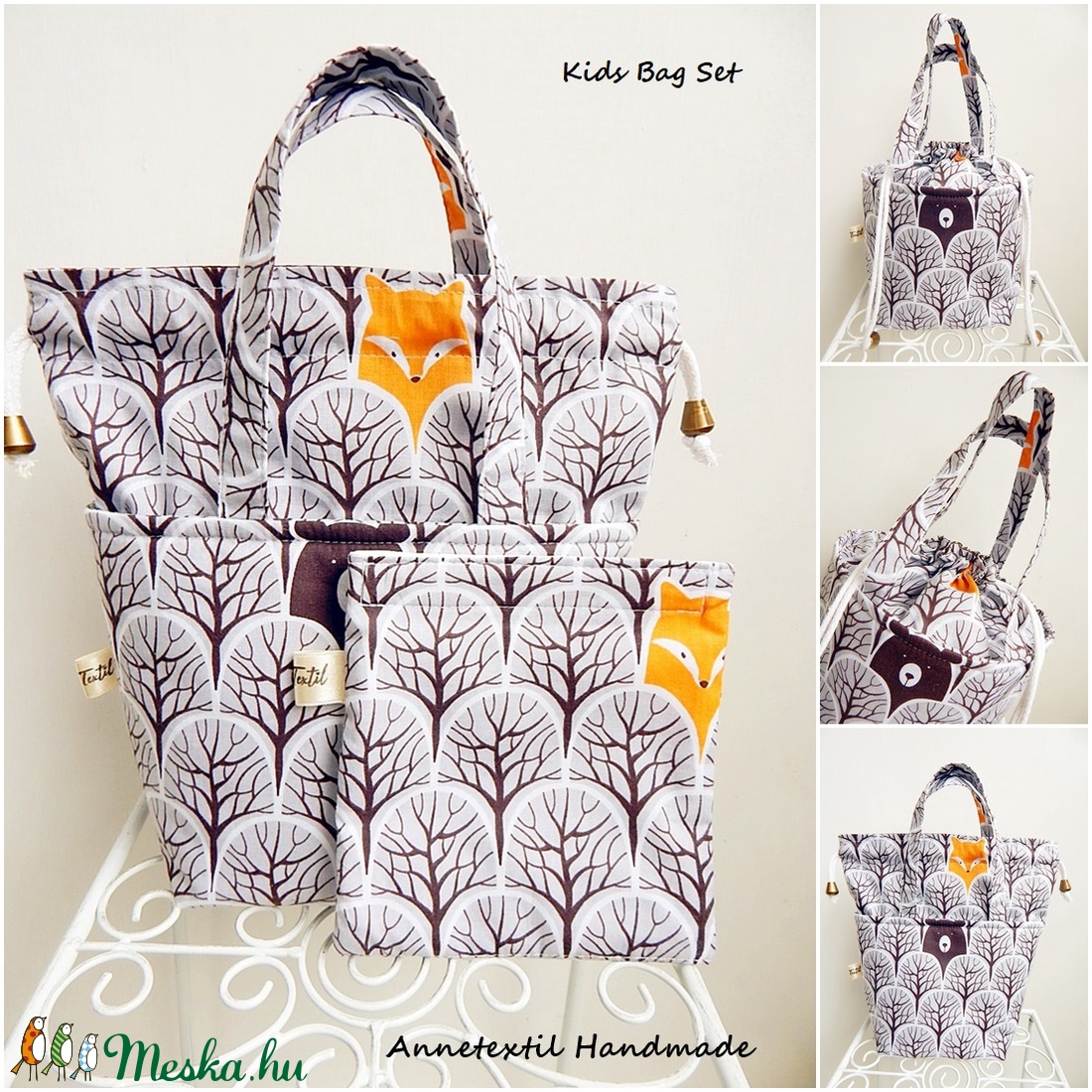 Kids bag set - uzsonnás táska szett - erdőben kukucskáló állatok - táska & tok - uzsonna- & ebéd tartó - Meska.hu
