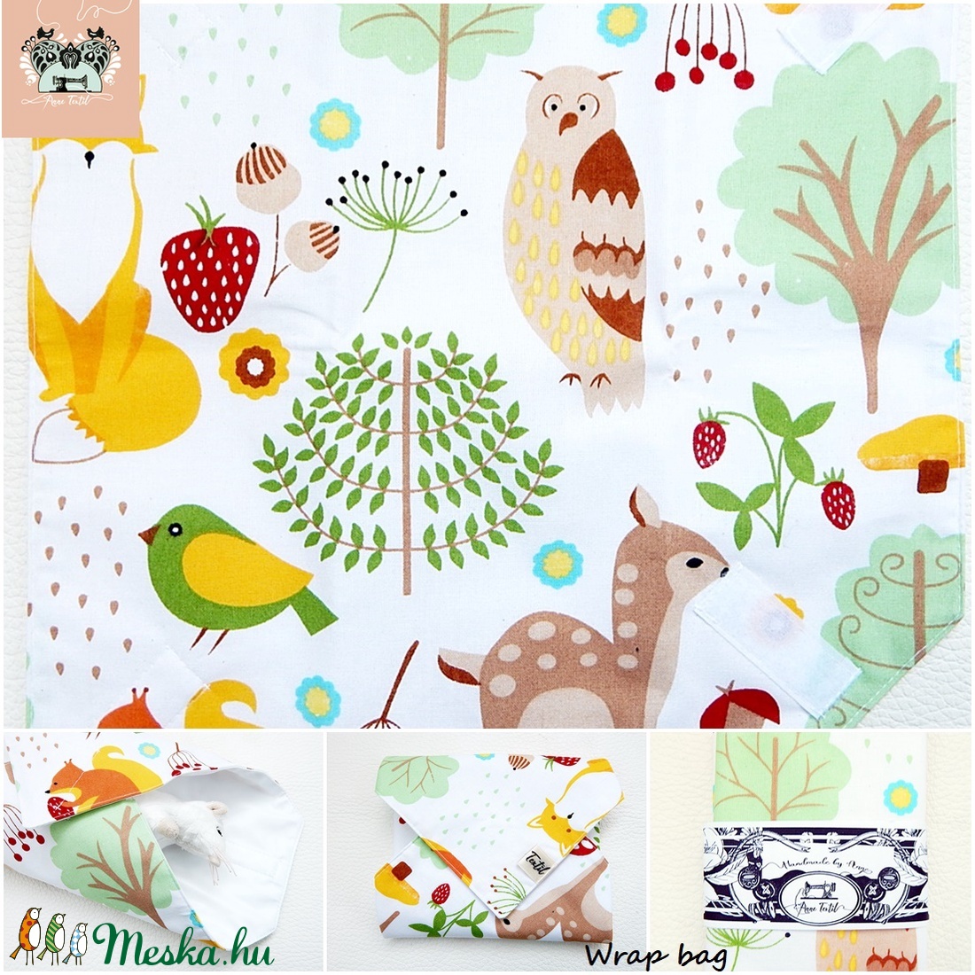 Újraszalvéta, vízhatlan textil szalvéta erdei rókás - táska & tok - uzsonna- & ebéd tartó - szendvics csomagoló - Meska.hu