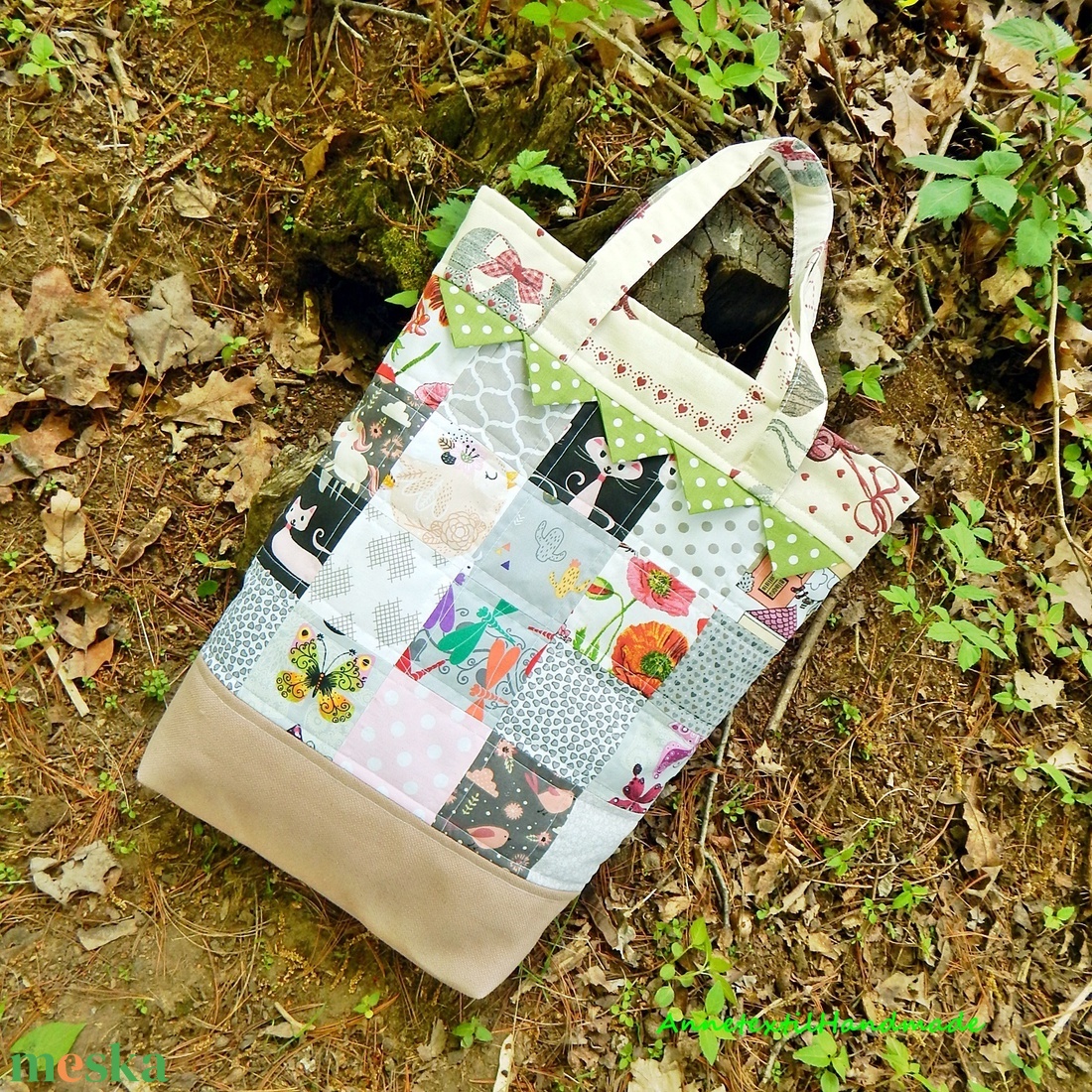 Patchwork pakolós táska  zsebkendő tartóval szettben romantikusoknak - táska & tok - bevásárlás & shopper táska - shopper, textiltáska, szatyor - Meska.hu