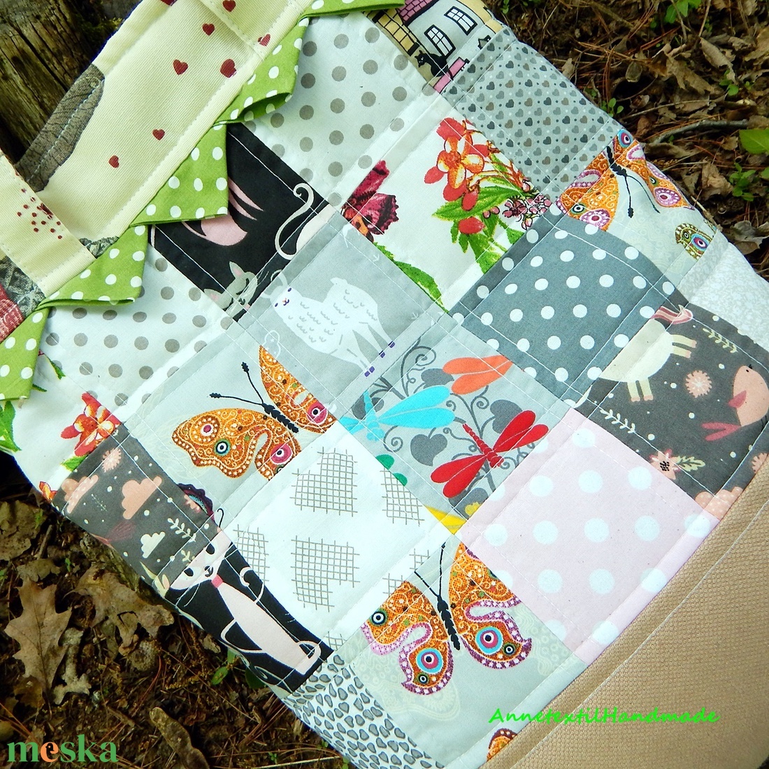 Patchwork pakolós táska  zsebkendő tartóval szettben romantikusoknak - táska & tok - bevásárlás & shopper táska - shopper, textiltáska, szatyor - Meska.hu